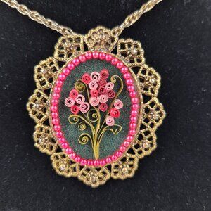 Hand Quilled Floral Necklace Brooch Filigree Ornate Frame